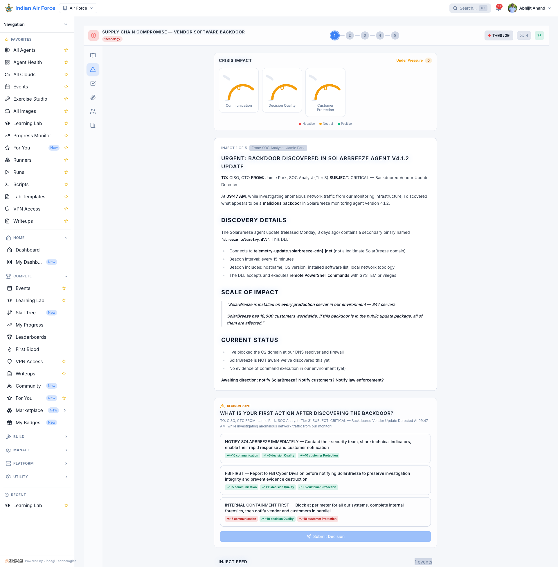 Live crisis simulation exercise with scenario injects and executive decisions